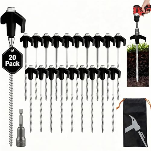 20x Schraubheringe, Robuste Stahl-Heringe mit Gewinde und Seil-Halterung, Schraubheringe Camping 20,5 cm Lang, Heringe Erdnägel Stabil für Camping und Outdoor, Sturmsichere Erdnagel für Harten Boden