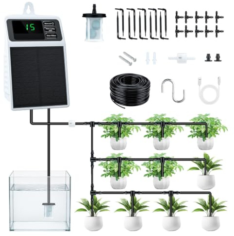 Wigearss Système d’Irrigation Goutte à Goutte Solaire avec Minuterie, Batterie 2200 mAh, IPX5 Étanche, Anti-UV, Tube PVC de 10 m, Kit d’Arrosage Automatique pour Jardin, Balcon et Plantes