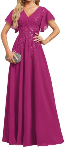 Vestido de gasa con cuello en V para madre de la novia, vestido de noche de encaje de manga corta, fucsia, 60