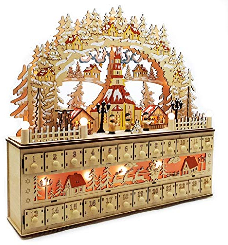 Wichtelstube-Kollektion LED Schwibbogen mit Adventskalender Seiffener Kirche Lichterbogen Schwippbogen Weihnachtsdeko Fenster, Batteriebetrieben + Timer Adventskalender zum befüllen