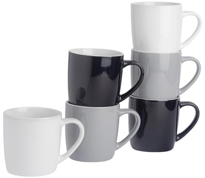 Argon Tableware Tea Coffee Mugs - 6pc Contemporary Coloured Ceramic Cups Set - 350ml - Black Grey White