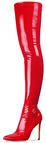 CAMSSOO Red Thigh High Boots Over The Knee Boots for Women Pointy Toe Stiletto Heel GO GO Boots Side Zipper Leather Knee High Boots Size US7.5 EU38