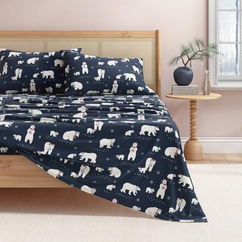 Great Bay Home 100% Turkish Cotton Flannel Sheet Set Deep Pockets Soft Bed Sheets Warm Anti Pilling Flannel Sheets (King, Navy Polar Bears)