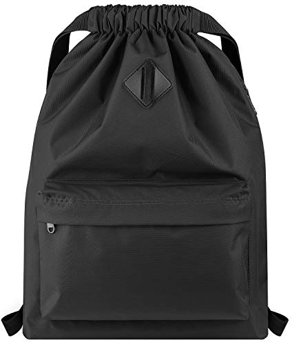 Vorspack Drawstring Backpack Water Resistant String Bag Cinch Bag Sports Gym Sack with Side Pocket for Men Women - Black