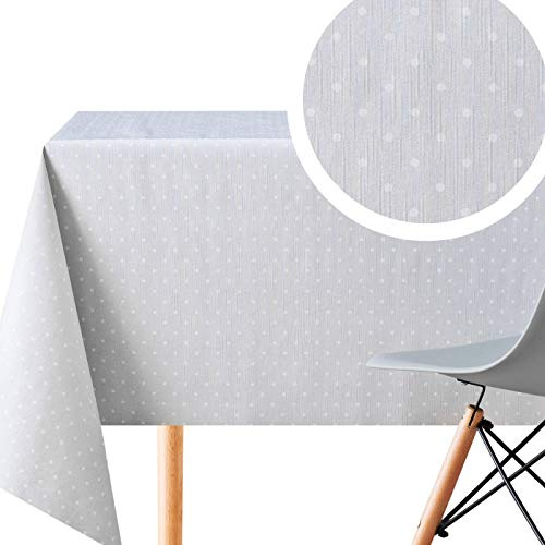 KP HOME Grau Retro Wachstuchtischdecke mit Weiß Punktmuster, Abwischbare Tischdecke PVC Rechteckige 250 x 140 cm - 8 Sitzplätze, Gepunktet Tupfen Vinyl Wachstuch, Wachstischdecke Pflegeleicht