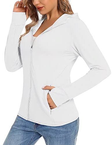 TACVASEN Hoodie avec Protection UV Sun Femmes été Veste de Plage Chemises avec Capuche Manches Longues Hoodies pour La Marche Poche Zippée Blanc