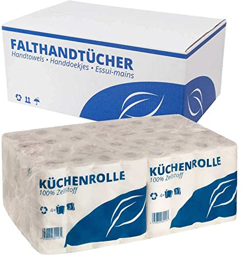 Sparpaket „Saubere Hände“ - Küchenrollen, 3-lagig, Zellstoff, 50 Blatt, 32 Rollen, Falthandtücher, Z-Falz, 2-lagig, 25x23cm, Zellstoff, 3200 Blatt