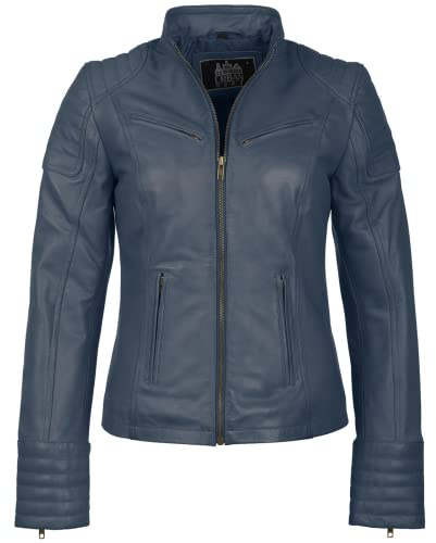 URBAN 5884 Chaqueta de Cuero para Mujer, Chaqueta de Auténtica Piel de Cordero, Corta y Ajustada, Cuero Liso y Suave, Azul, L