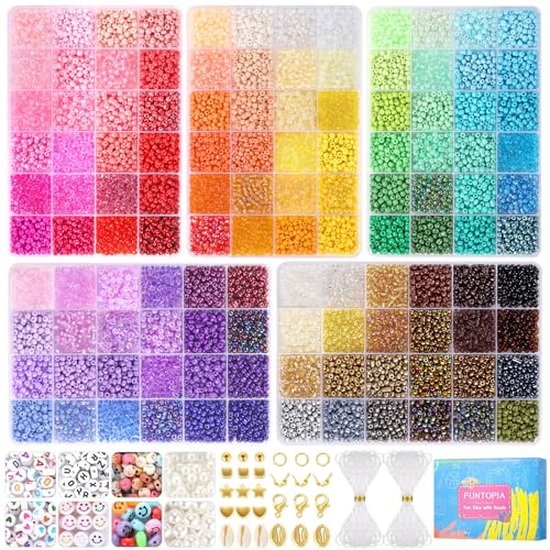 Funtopia 4mm Rocailles Perlen Set, 120 Farben Perlen für Armbänder | mit 680 A - Z Ä Ö Ü ß Buchstabenperlen, 460 Stück 14 verschiedene Charms für Mädchen Kinder Erwachsener