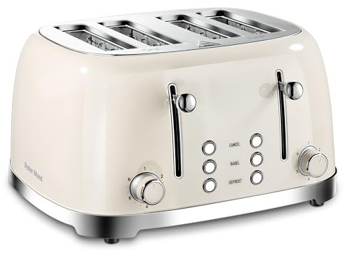 4 Slice Toaster Roter Mond Retro Stainless Steel with Bagel Defrost Cancel Function, 6 Browning Settings, Extre Wide Slot and Removable Crumb Tray, Cream, ST033