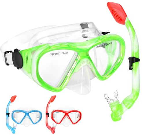 WOVOKA Snorkelset för barn – dykglasögon barn med snorkel anti-läckage, anti-fog HD dykmasker torr snorkel för 4–13 år pojkar flickor grön