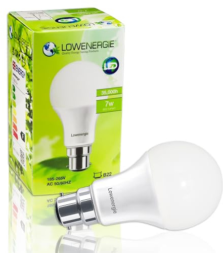 LOWENERGIE LED Light Bulb 7W B22 Bayonet Day White 6000K A60 GLS Lamp – 60W Equivalent Energy-Saving Everyday Lighting [Energy Class F]
