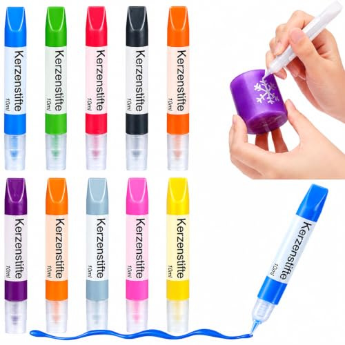 Ovaletta 10 Stück Kerzenstifte, Kerzen Bemalen Set, Wachsstifte für Kerzen, Candle Pen Ideal zum Dekorieren und Gestalten Kerzenfarbe, Keramik Bemalen Set, je 10 ml