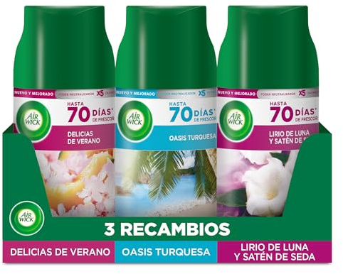 Airwick Freshmatic Pack de 3 Recambios de Ambientador Spray Automático, Aromas Mixtos, Delicias de Verano, Oasis Turquesa, Lirio de Luna