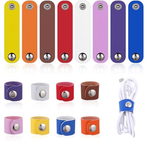 16 Pcs Leather Cord Organizer Straps Colorful Leather Cable Straps Reusable Cord Wraps PU Leather Cord Keeper Multipurpose Cable Ties Earphone Cord Holder Travel Cord Organizer with Snap