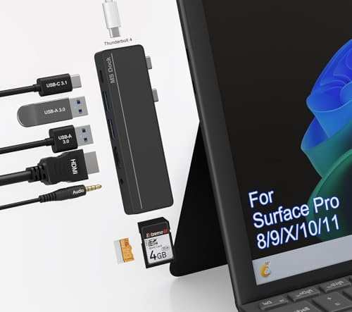 Surface Pro 8/9/X/10 Dongle - Surface Pro 9 Adapter with 4K HDMI, Thunderbolt 4 (8K@30Hz Video+40G Data+100W PD), USB 3.0, SD/TF Reader, 3.5mm Audio Microsoft Surface Pro 9 Docking Station Hub