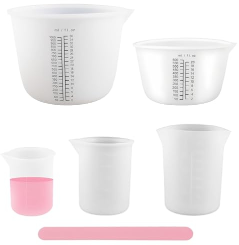 YFaith 5 Piezas Copas de Medición de Silicona, Silicona Vaso Medidor con Escala, 1000 ml/600 ml/100 ml/350 ml/250 ml Taza de Medición Antiadherente, con Varilla Mezclar, para Manualidades y Cocina