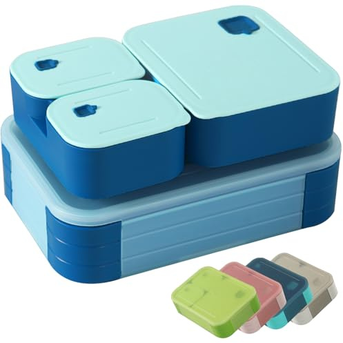 Swkien Bento Lunch Box for Kids, 1100ml Nestable Snack Box with 3 Compartments, Leakproof Lunchbox Microwave & Dishwasher Safe for School, Work, Picnics & Travel - Light Blue