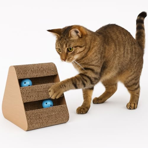 tiragraffi per gatti - gioco tiragraffi Beli triangolo marrone 20x24,5x24,5 cm - cartone riciclabile - 3 lati - con erba gatta - 2 palline con campanellino - gioco gatto