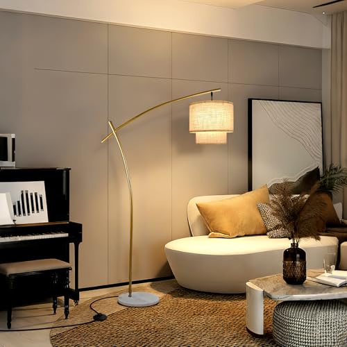 Lightdot Arc Floor Lamp for Living Room, Modern Standing Tall Lamps with Double Linen Shade, Tall Hanging Pole Lamp with Stable Base & Bulb Included for Bedroom/Sofa Beside/Corner Decor-Gold