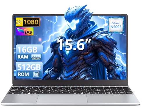 Ordenador Portátil 15.6 pulgadas, 16GB RAM 512GB SSD Celeron N5095 Laptop, PC Portátil FHD IPS 1920 x 1080 Win11 con teclado retroiluminado, desbloqueo por huella dactilar Wi-Fi 5 Computadora Portátil