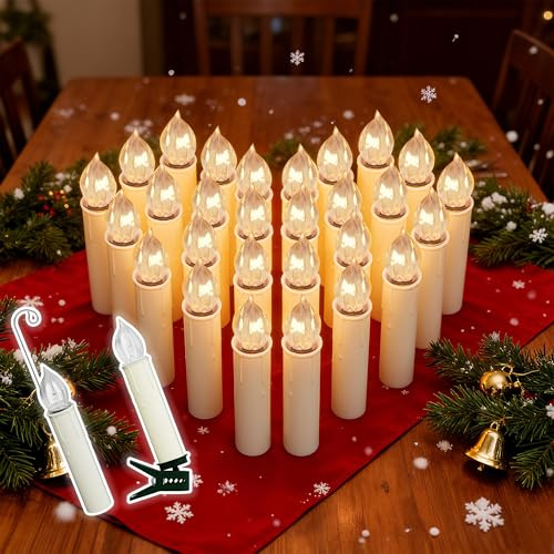 YRHome Lot de 30 bougies LED pour sapin de Noël - Blanc chaud - Sans fil - Sans flamme - Minuterie - Éclairage de sapin de Noël - Avec télécommande, crochets et clips