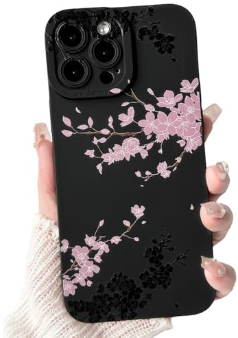 NITITOP Cover per iPhone 15 Pro Max Carina Fiore Ciliegio, Nero Rosa | per Ragazze Femminile, Motivo Floreale di Grazioso Sakura, Custodia In Silicone Resistente Antiurto, Protezione Fotocamera