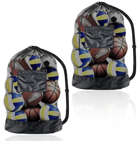 QKNOSM Lot de 2 filets extra larges pour ballon de football, avec cordon de serrage et bandoulière, grand sac en maille filet multi-usages pour le basket-ball, volley-ball, rugby