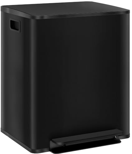 HOMCOM Poubelle à Double Compartiment 2x25L Acier Inoxydable Noir Mat | Poubelle de Cuisine à Pédale, Tri Sélectif, Seaux Intérieurs, Couvercle à Fermeture Douce, Maintien en Ouverture, Poignées