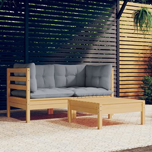 Frdhee Ensemble de meubles de jardin 3 pièces avec coussins gris en bois de pin, groupe de bancs d'angle pour balcon, cour et terrasse