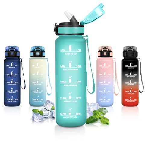JAPORIA Borraccia Motivazionale 1L, Borraccia con Cannuccia, Antigoccia, a Prova di Perdite, Bottiglia Acqua con Indicatore del Tempo, Borracce Sportiva per Campeggio, Corsa, Scuola, Ufficio