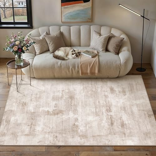PureCozy Alfombra Salon Beige Marrón 120x170cm Moderno | Antideslizante, Lavable, Abstractas, Grandes, Habitacion, Carpete, Sala, Comedor, Dormitorio, Pie de Cama, Pelo Corto