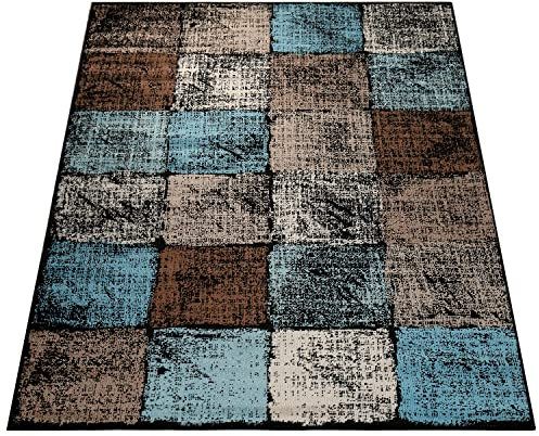 Paco Home Designer Teppich Wohnzimmer Ausgefallene Farbkombination Karo Türkis Braun Creme, Grösse:160x220 cm
