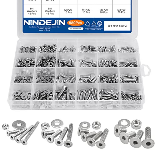 NINDEJIN 880Pcs M2 M3 M4 M5 Stainless Steel Precise Metric Hex Socket Head Cap Machine Screws,Round Flat Socket Bolts and Nuts Set and Washers Assortment Kit +Wrench (Flat Head Cap)