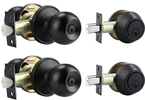 2 Pack Entry Door Knob and Single Cylinder Deadbolt Combination Set, Keyed Alike, Flat Black Entry Entrance Keyed Round Door Knobs Lockset with Deadbolt Lock Set for Exterior/Front Door