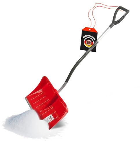 SHW-FIRE | Ergonomischer Schneeschieber 55 cm, Schaufel aus verstärktem Kunststoff, Aluminium-Schutzkante, Abnehmbarer 128 cm Stiel mit D-Griff, leichte und robuste Schneeschaufel | Made in Germany