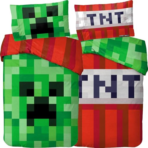 Minecraft Vändbara sängkläder, Creeper TNT 135 x 200 cm + 80 x 80 cm, 100 % bomull, förstärkt linonkvalitet, barnsängkläder, hantverk, zombie Enderman Enderdrake, skelett, 2 motiv dragkedja