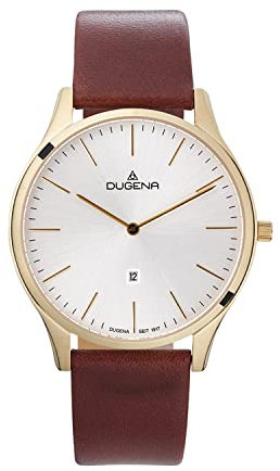 DUGENA Herren-Armbanduhr, 4461052, Plano, Quarz, silbernes Zifferblatt, Edelstahlgehäuse, Saphirglas, Lederarmband, Dornschließe, 3 bar
