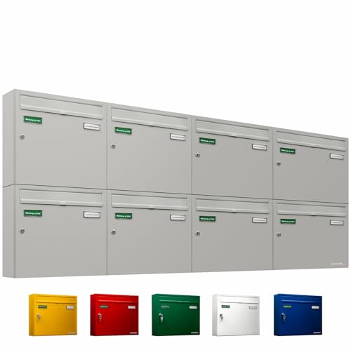 AL Briefkastensysteme Basic 8er Briefkasten RAL 9006 Weiß Aluminium Silber Edelstahl-farbig 8 Fach DIN A4 wetterfest Briefkastenanlage mit Posthaltebügel und 2 Namensschildern