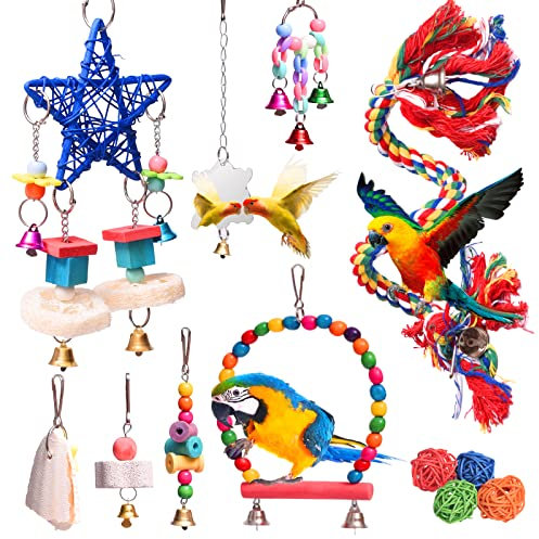 Vogel Papagei Spielzeug Budgie Spielzeug und Papageienkäfig Zubehör, 12 Packungen Swing Perches Kletterleiter Kauen Vogelkäfig Spielzeug für kleine Sittiche, Wellenzie, afrikanische Grau