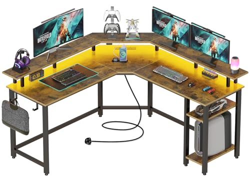 Rolanstar L-Shaped Gaming Desk with LED Lights, Power Outlets, Corner Computer Desk with Storage Shelves - PC Writing Table for Home Office, Rustic Brown(135 x 135 x 86 cm)