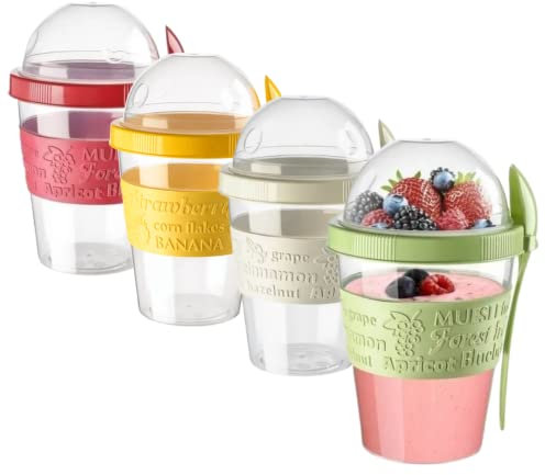 EYNEL 4 Pack On The Go Cereal Yogurt Cups with Lids and Spoon, Overnight Oats Container, Reusable Parfait Plastic Milk Pot Breakfast Crunch Granola Oatmeal Smoothie Snack Prep Jar