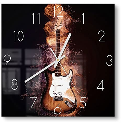 DEQORI Glasuhr | 30x30 cm | Motiv Brennende E-Gitarre | ausgefallene leise Design Uhr aus Glas | Wanduhr für Wohnzimmer & Küche | moderne Hingucker Uhr für die Wand