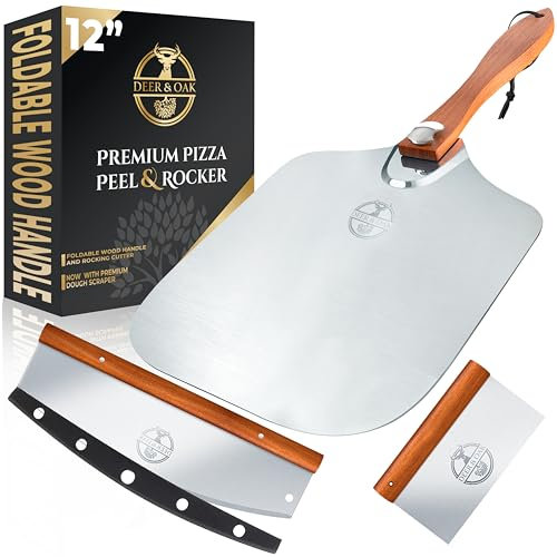 Deer & Oak Premium Pizza Peel Set – 12 x 14 Aluminium Spatula, Rocker & Dough Scraper with Foldable Wooden Handle, Perfect Kit for Homemade Pizza and Baking