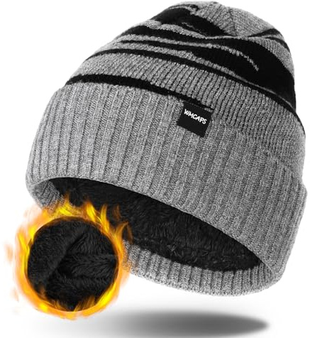 Wmcaps Wintermütze Herren, Thermo Winter Beanie Mütze Herren und Damen, Weiche Wollmütze mit Bündchen, Gestreifte Strickmütze Weihnachtsgeschenke Warme Stretchy Plüsch Ski Mütze Männer(Hellgrau)