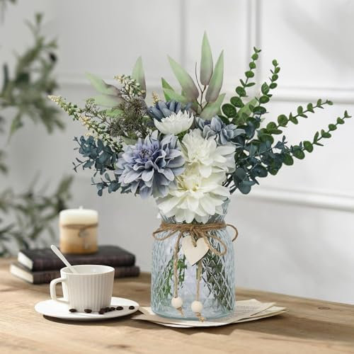 YELIKIT Artificial Flowers with Glass Vase Fake Flower Bouquet Faux Rose in Vases for Home Dcor Flowers Modern Home Decor Table Decorative Flower Vase for Dinner Office Bedroom, Blue