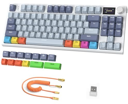 RK86 Mechanical Keyboard, 2.4G Wireless/BT5.0/USB-C Wired Gaming Keyboard 75% Layout TKL 87 Key with 1.2'' TFT HD Color Display & CNC Knob, 27 RGB Backlit TTC Hot-Swap Linear Switch PBT Keycap - Blue