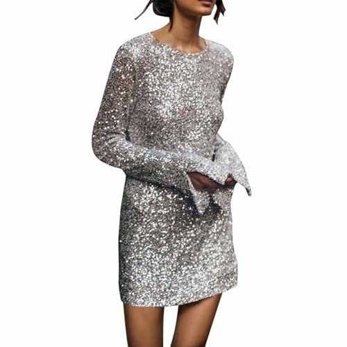 RUMAOZIA - Abito corto da donna con paillettes e glitter, a maniche lunghe, senza maniche, abito da donna con paillettes, senza maniche, abito da festa, abito a matita, abiti da sera, rockabilly