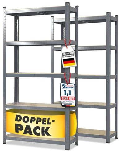 KARAT Schwerlastregal, 2er Set, 40 x 90 x 180 cm Steckregal, Kellerregal, Lagerregal - 5 verstellbare Böden (Grau)