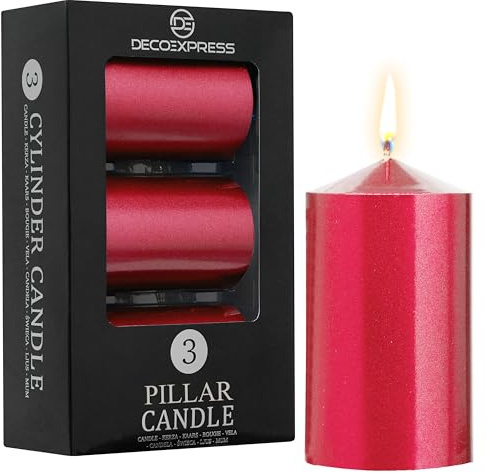 DECO EXPRESS Stumpenkerzen Set, 3er-Pack Metallic Kerzen, Lange Brenndauer 30 Stunden, Geruchslos & Rußarm, Deko Kerzen für Weihnachten, Adventskranz & Besondere Anlässe' (Metallic Rot - 3er-Pack)